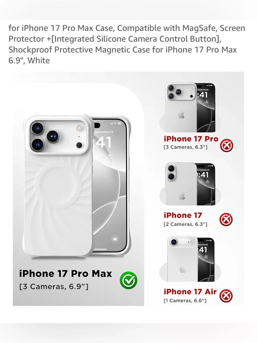 White iPhone 17 Pro Max Magnetic Shockproof Case with Screen Protector NEW